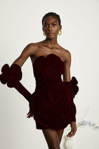 Azura Floral Appliqué Mini Dress Off-Shoulder Long Sleeve Detail Red