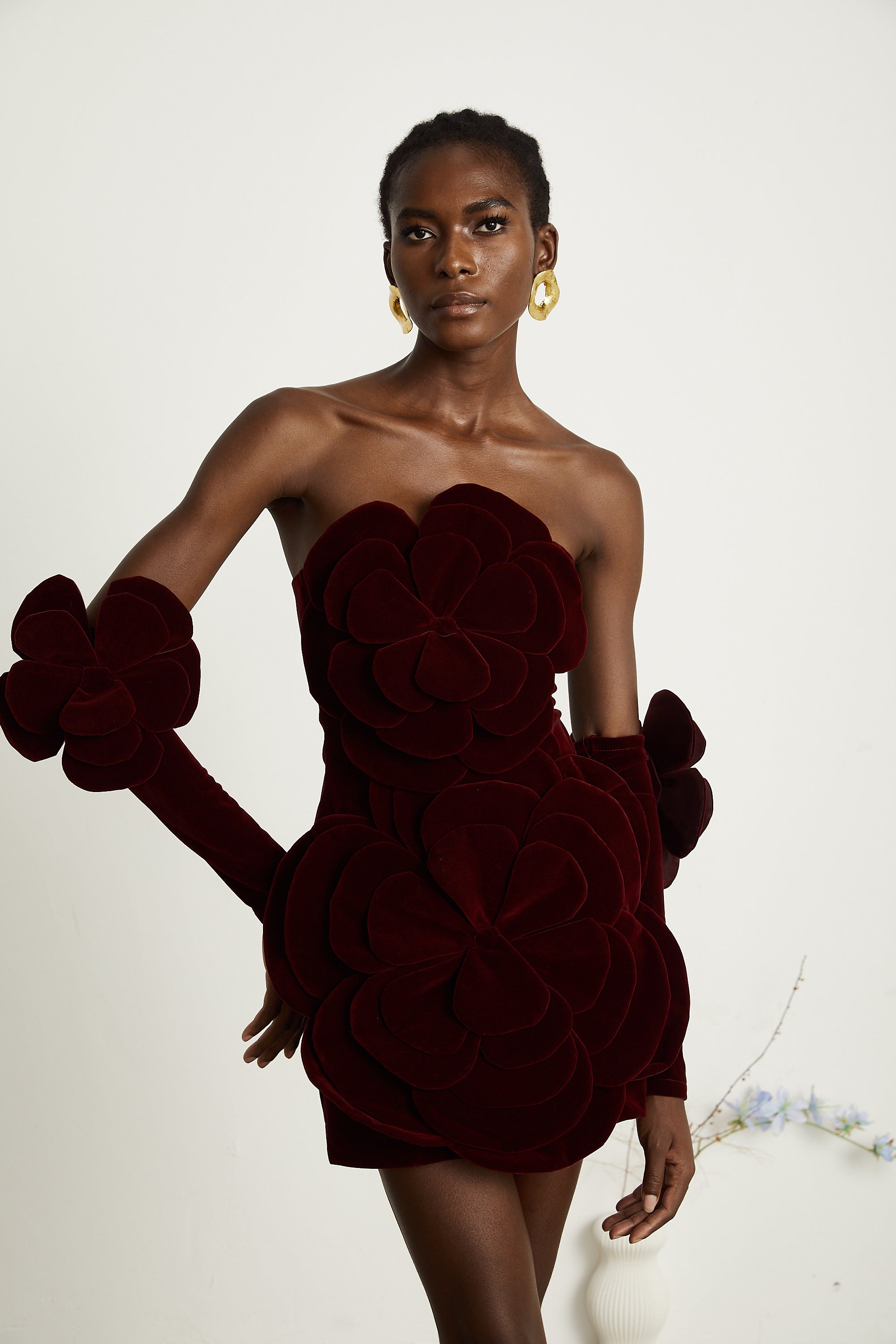 Azura Floral Appliqué Mini Dress Off-Shoulder Long Sleeve Detail Red