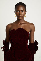 Azura Floral Appliqué Mini Dress Off-Shoulder Long Sleeve Detail Red