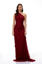 Stefania Floral Lace Maxi Gown One Shoulder High Slit Detail Red