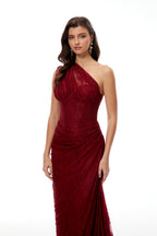 Stefania Floral Lace Maxi Gown One Shoulder High Slit Detail Red