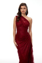 Stefania Floral Lace Maxi Gown One Shoulder High Slit Detail Red