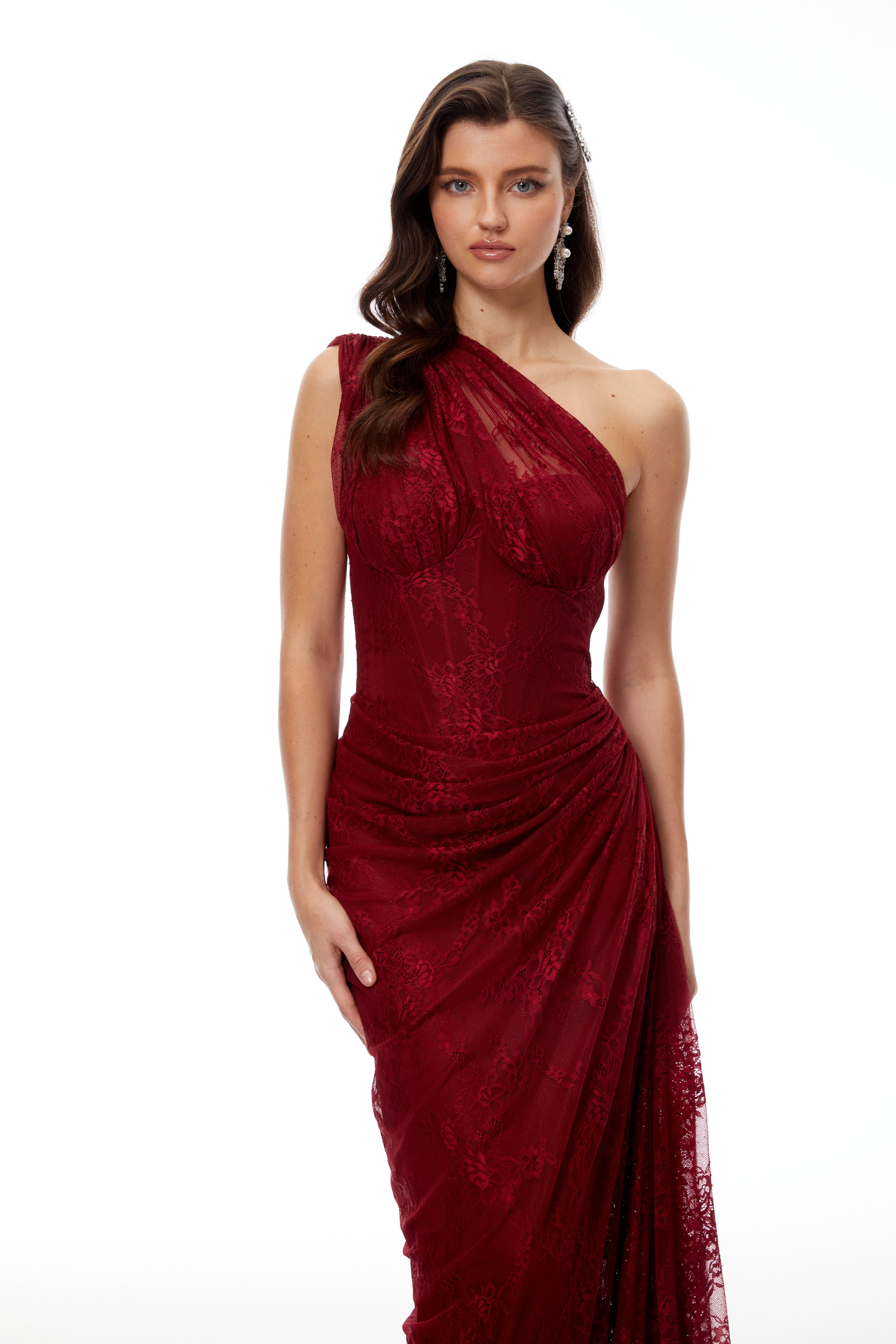 Stefania Floral Lace Maxi Gown One Shoulder High Slit Detail Red