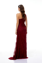 Stefania Floral Lace Maxi Gown One Shoulder High Slit Detail Red