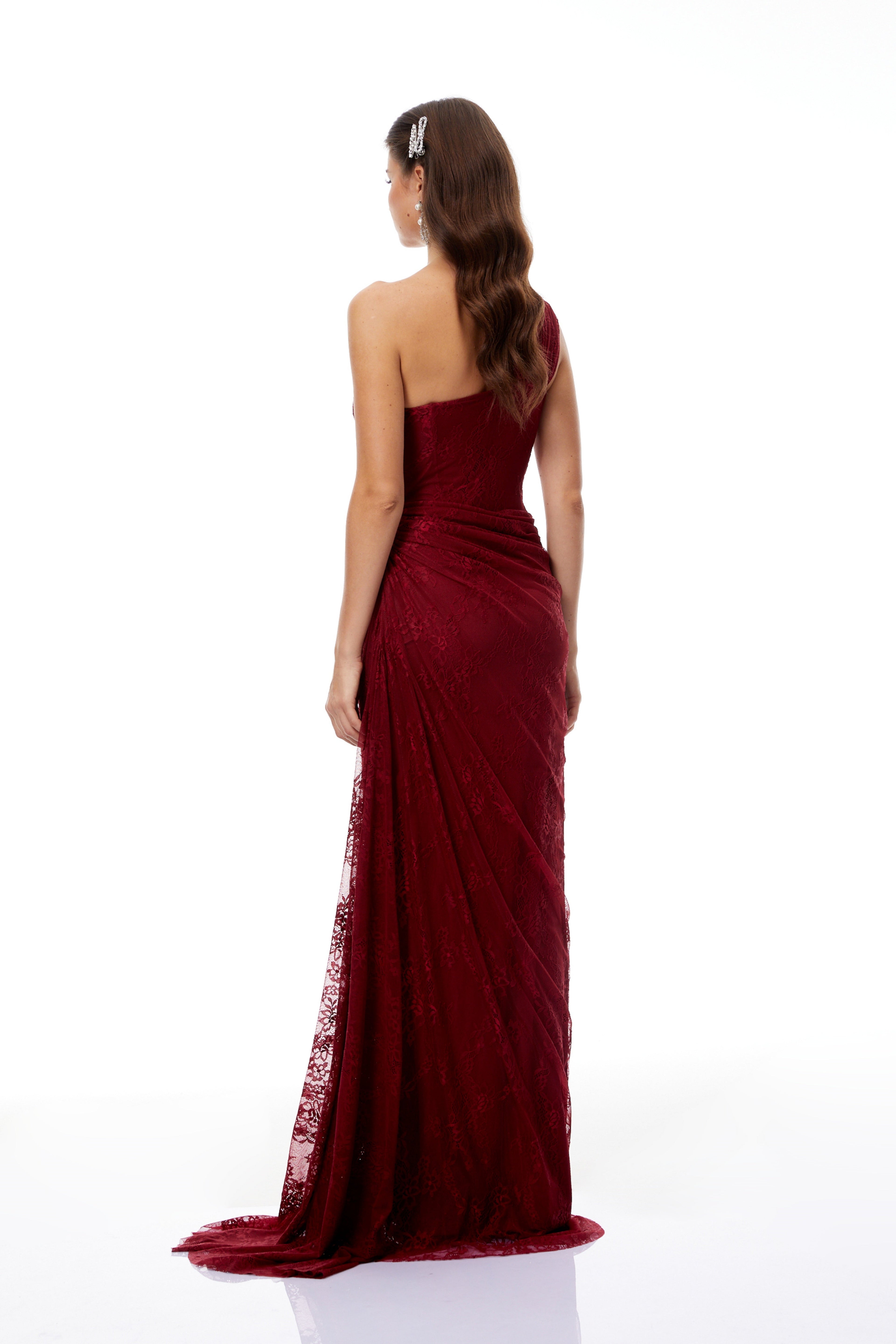 Stefania Floral Lace Maxi Gown One Shoulder High Slit Detail Red