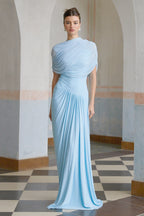 Catherine Asymmetrical Pleated Maxi Dress Sleeveless Mesh Shawl Baby Blue