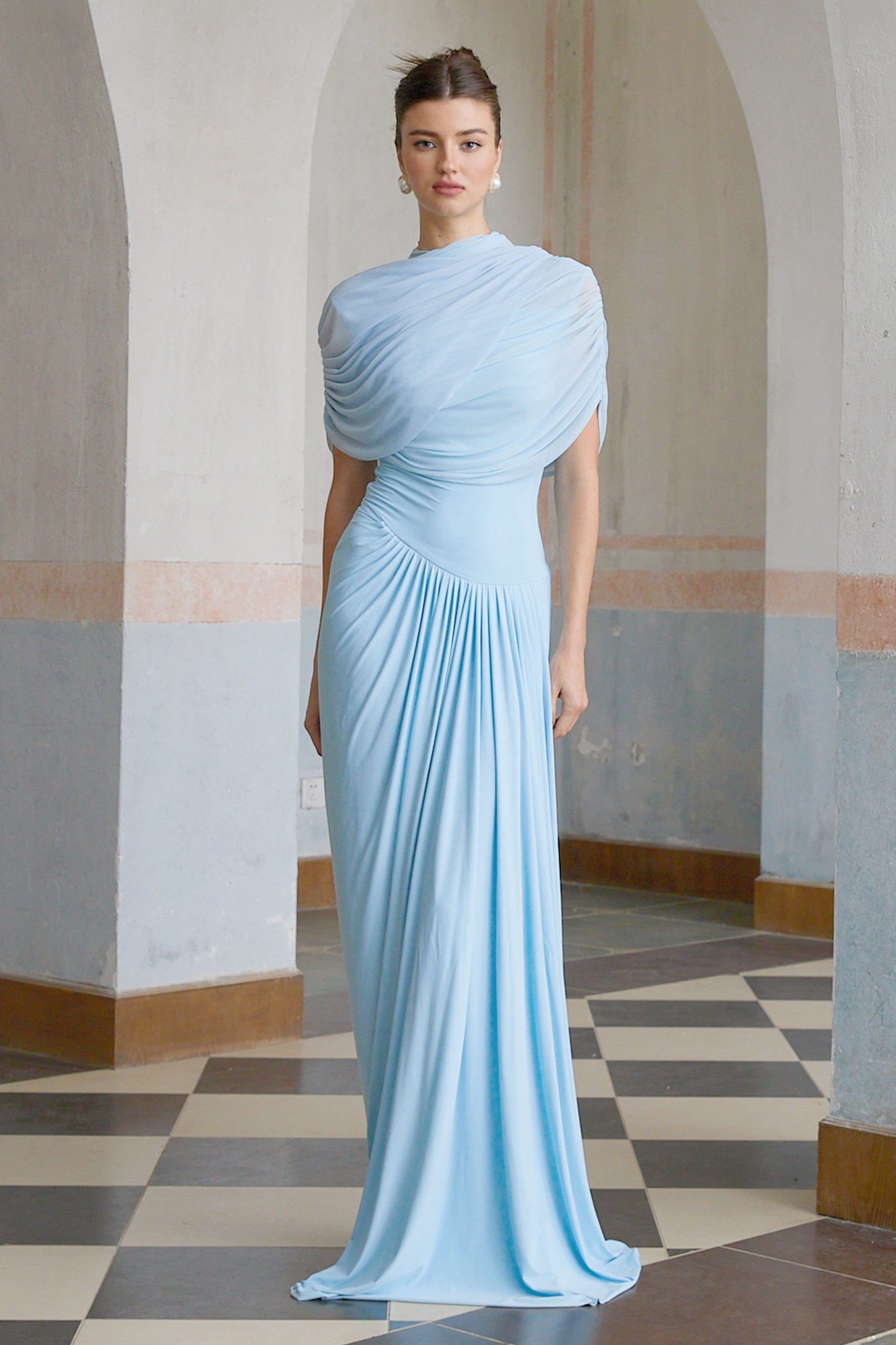 Catherine Asymmetrical Pleated Maxi Dress Sleeveless Mesh Shawl Baby Blue