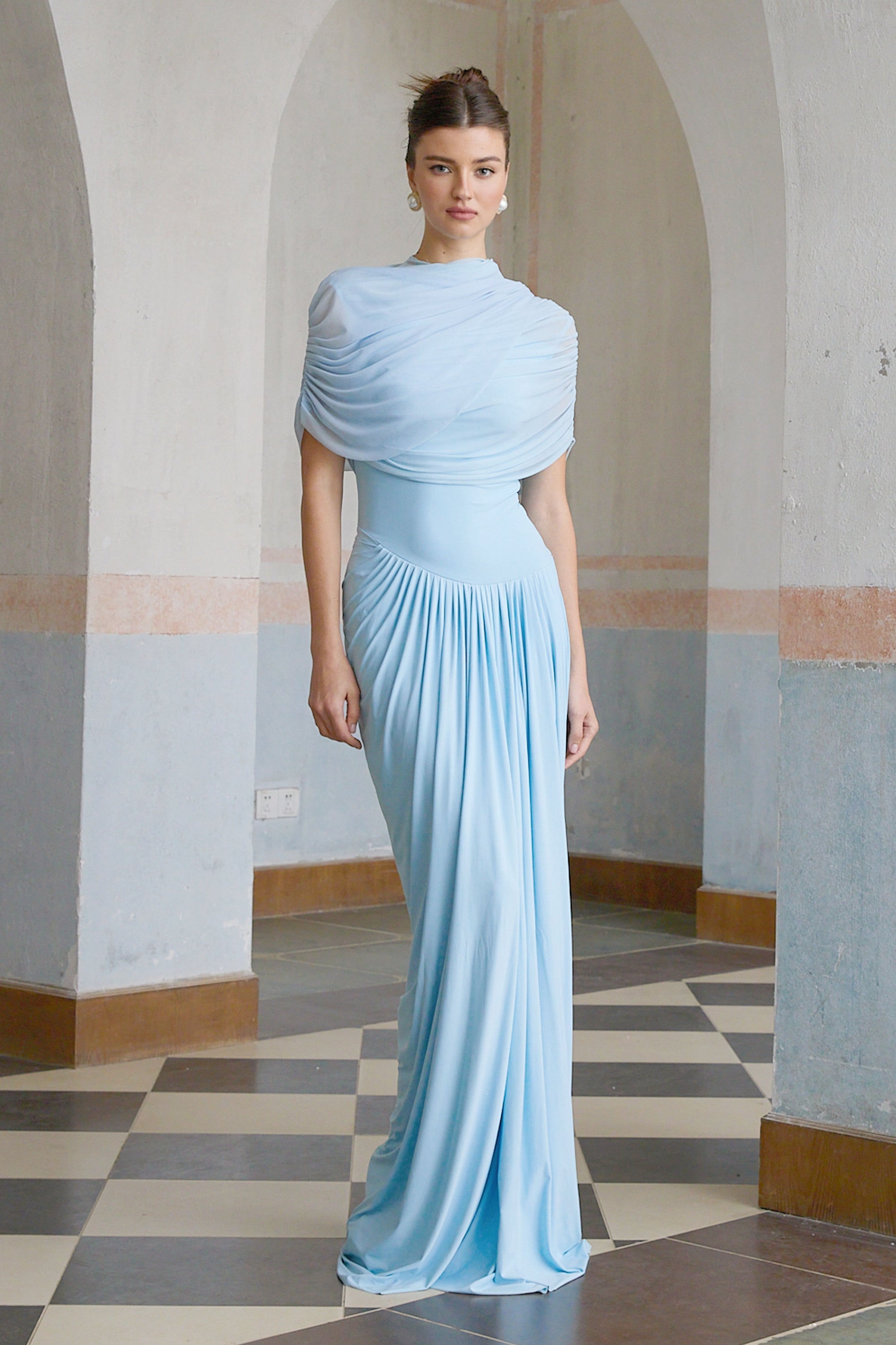 Catherine Asymmetrical Pleated Maxi Dress Sleeveless Mesh Shawl Baby Blue
