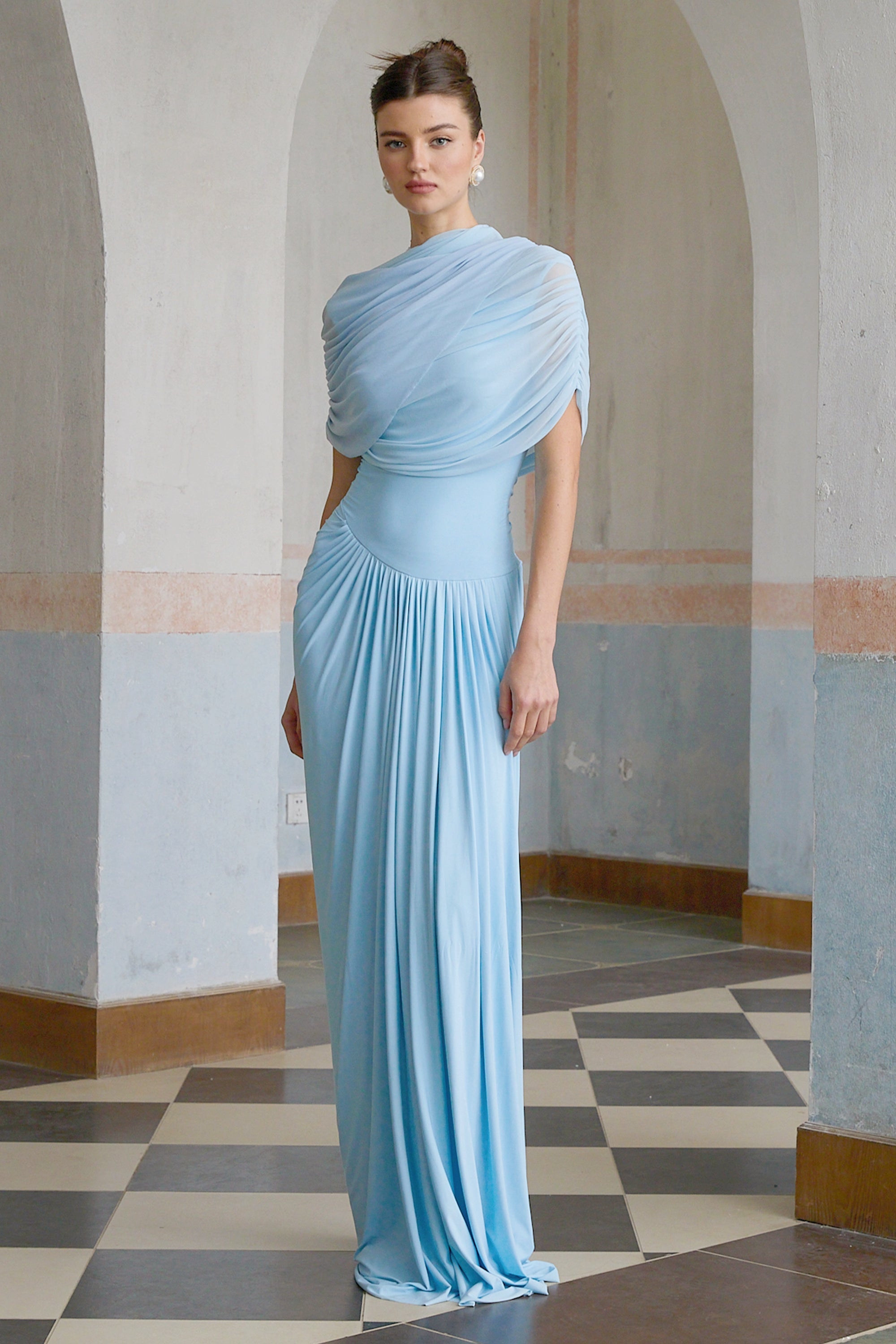 Catherine Asymmetrical Pleated Maxi Dress Sleeveless Mesh Shawl Baby Blue