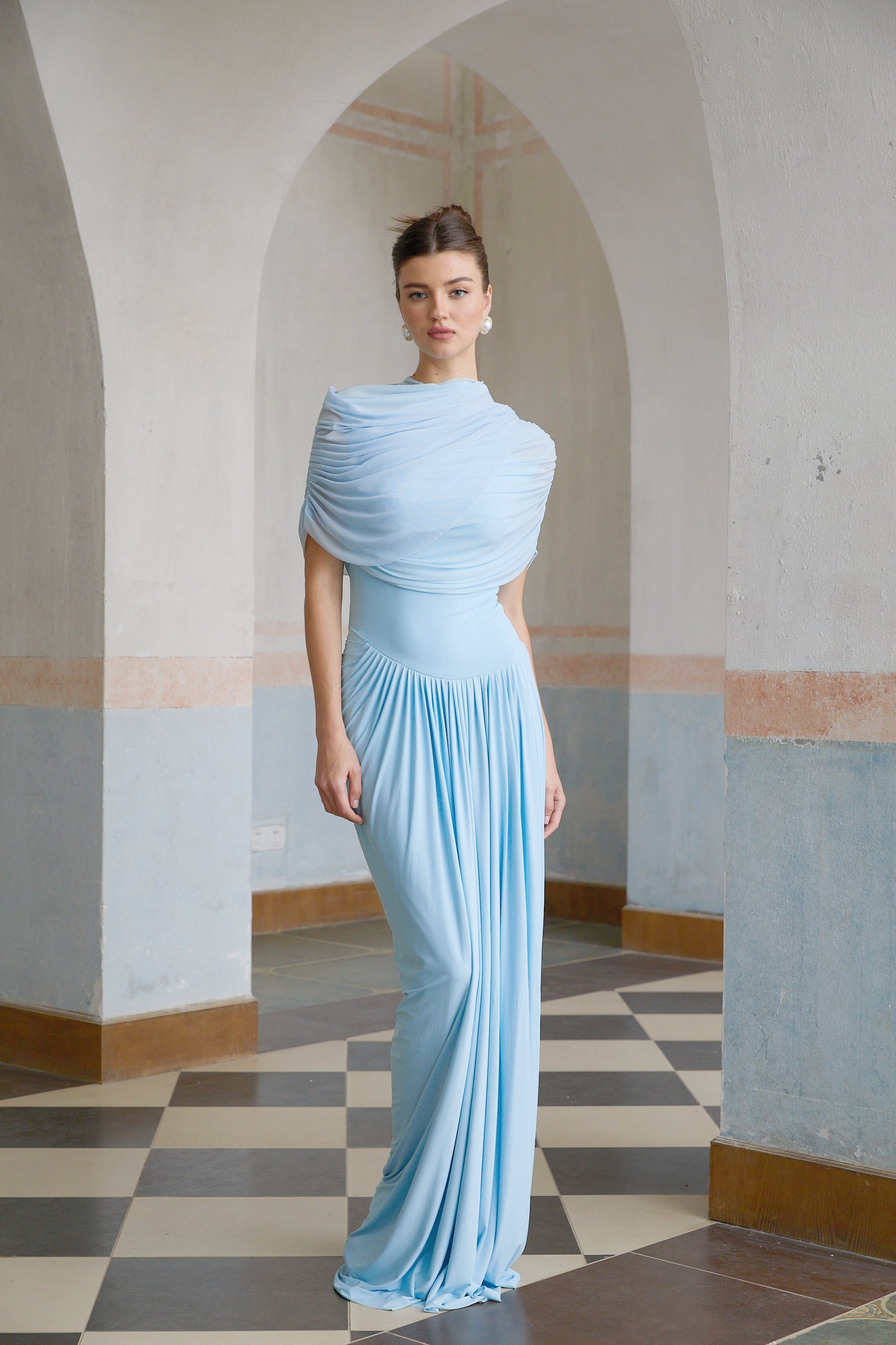 Catherine Asymmetrical Pleated Maxi Dress Sleeveless Mesh Shawl Baby Blue