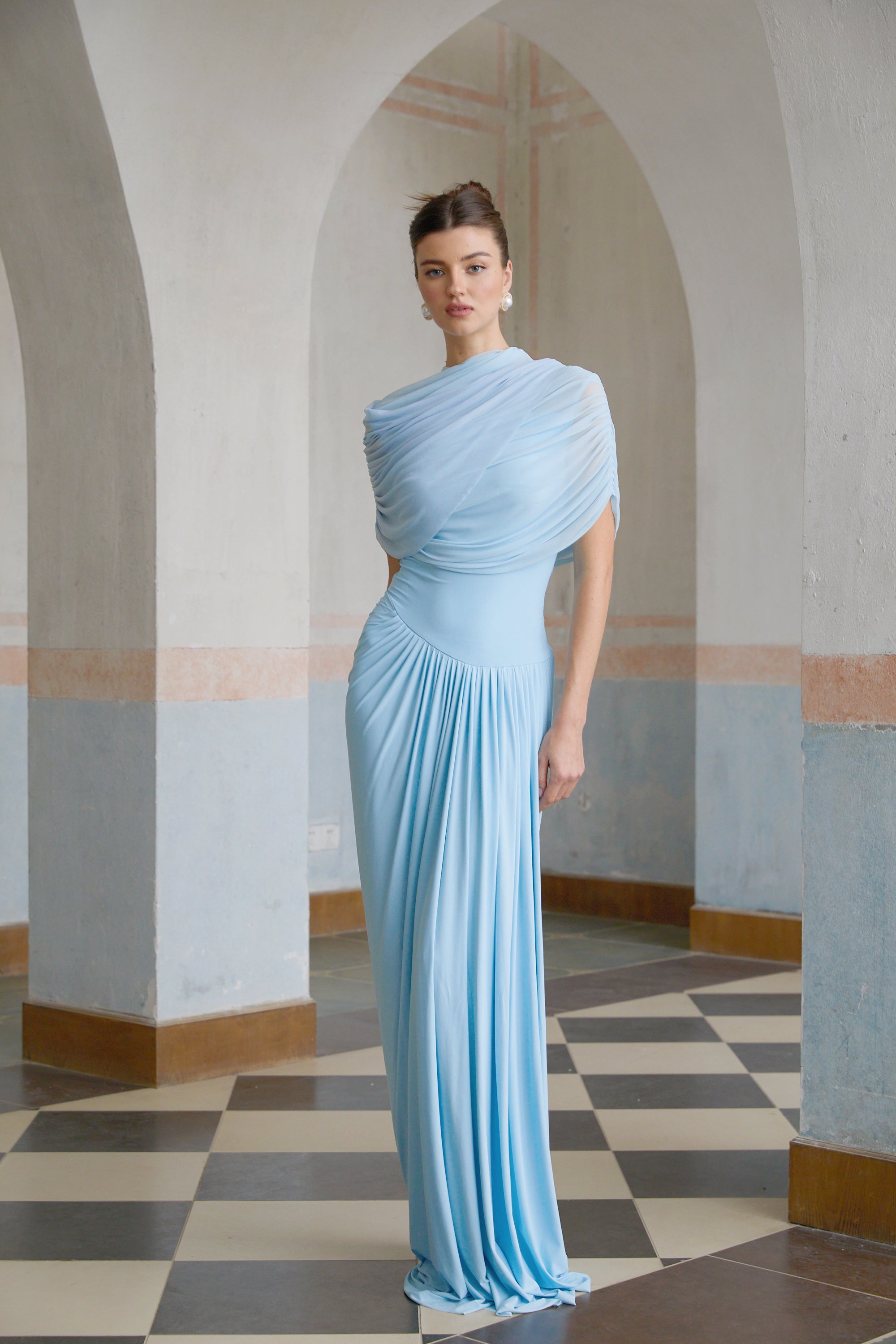 Catherine Asymmetrical Pleated Maxi Dress Sleeveless Mesh Shawl Baby Blue