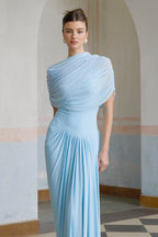Catherine Asymmetrical Pleated Maxi Dress Sleeveless Mesh Shawl Baby Blue