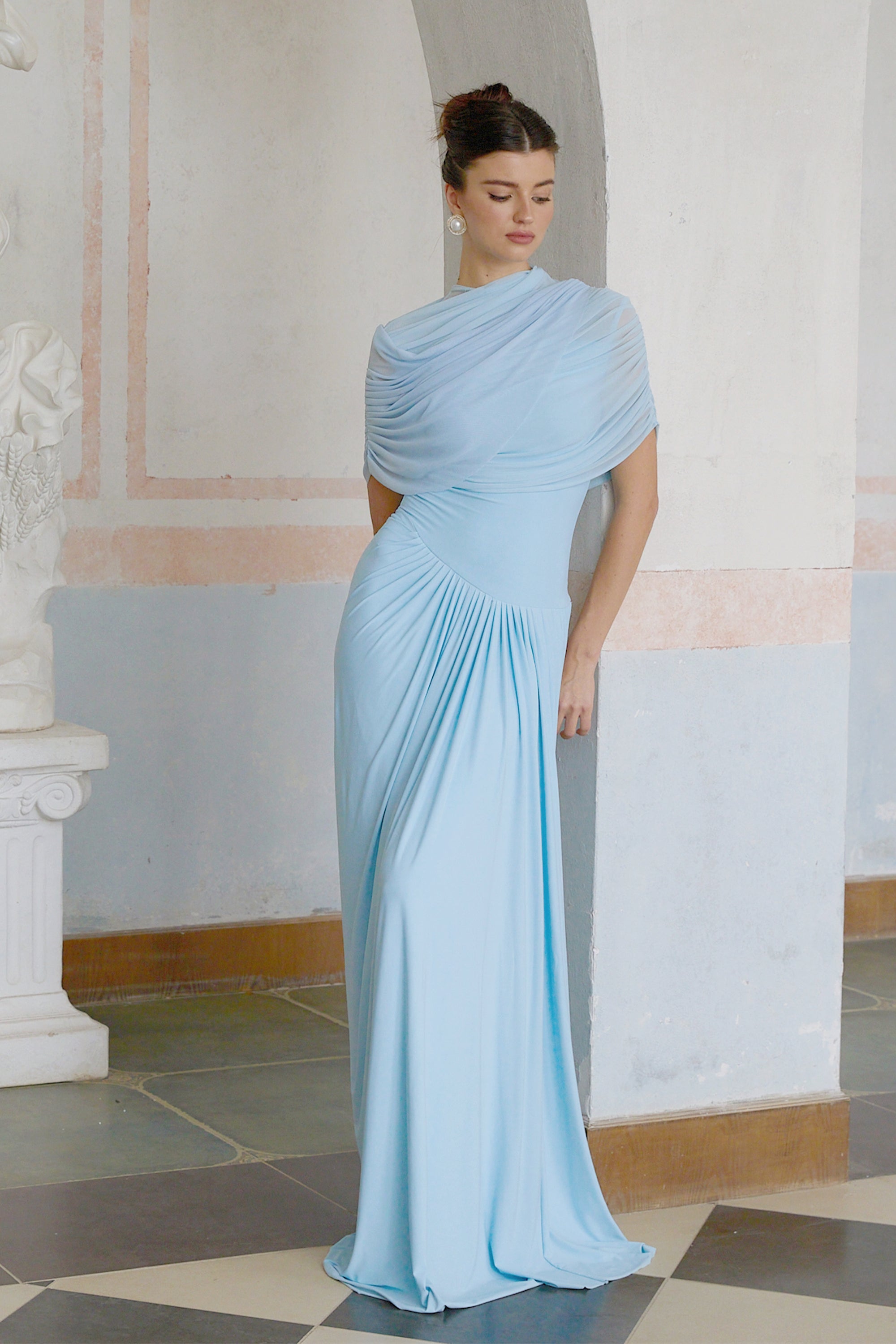 Catherine Asymmetrical Pleated Maxi Dress Sleeveless Mesh Shawl Baby Blue