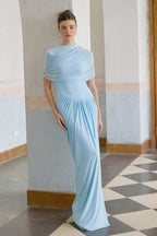 Catherine Asymmetrical Pleated Maxi Dress Sleeveless Mesh Shawl Baby Blue