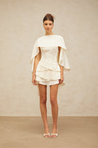 Lyna White Satin Ruffled Mini Dress Sleeveless Shawl Panel Detail