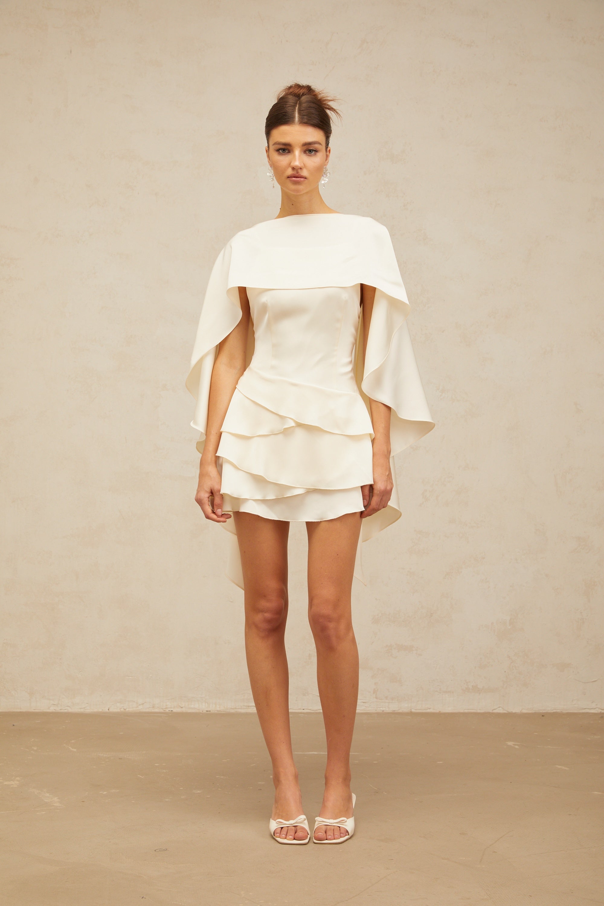 Lyna White Satin Ruffled Mini Dress Sleeveless Shawl Panel Detail