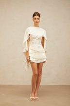 Lyna White Satin Ruffled Mini Dress Sleeveless Shawl Panel Detail