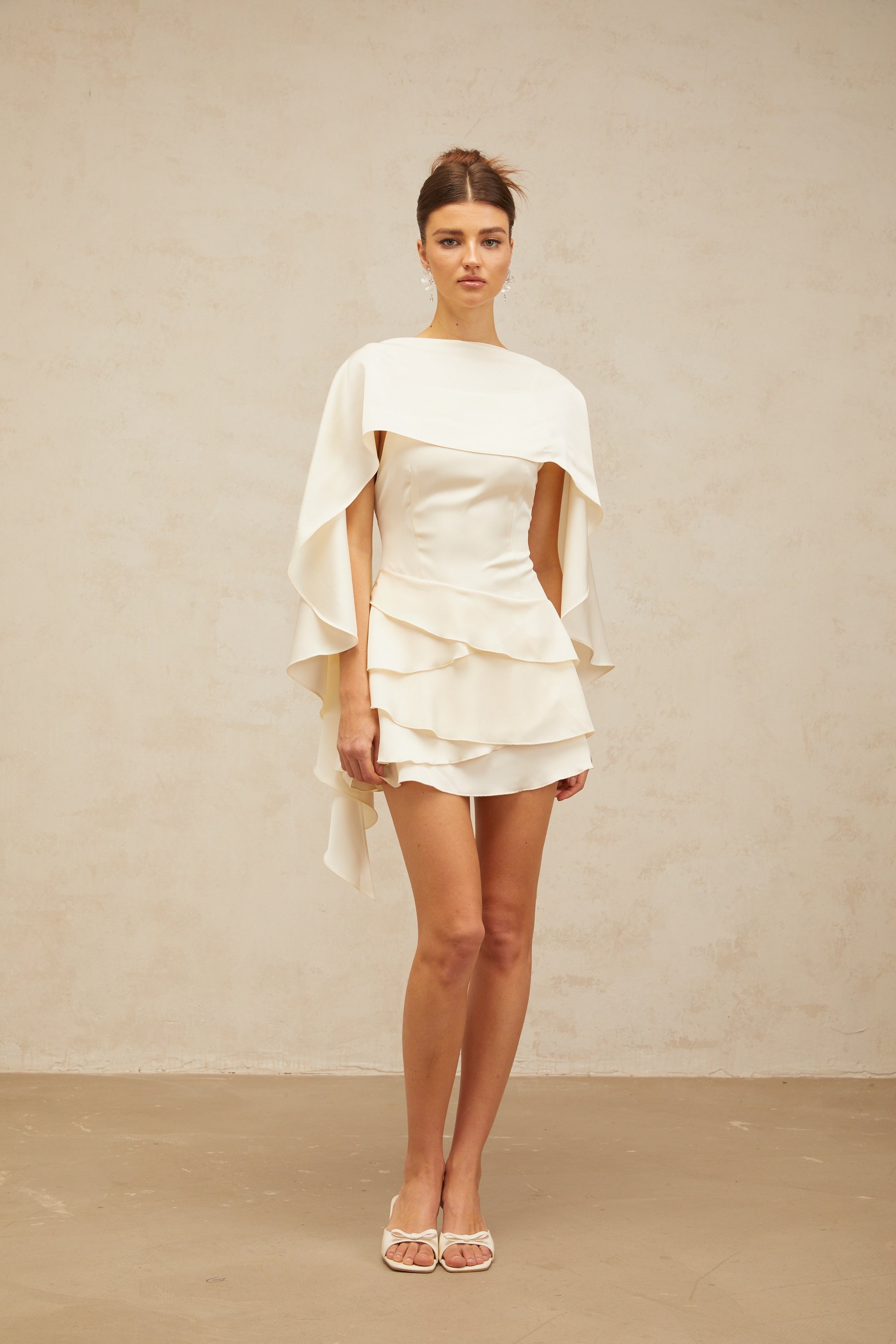 Lyna White Satin Ruffled Mini Dress Sleeveless Shawl Panel Detail