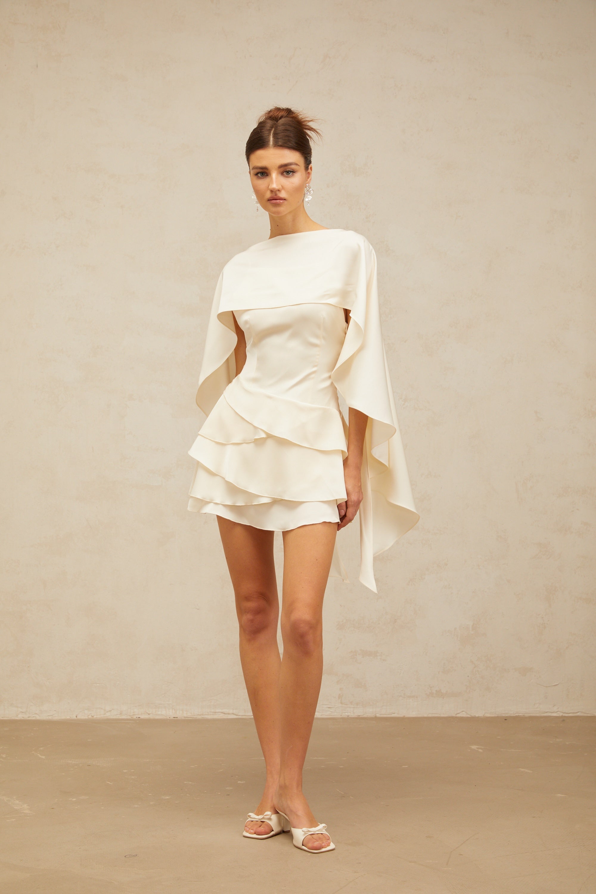 Lyna White Satin Ruffled Mini Dress Sleeveless Shawl Panel Detail