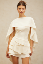 Lyna White Satin Ruffled Mini Dress Sleeveless Shawl Panel Detail