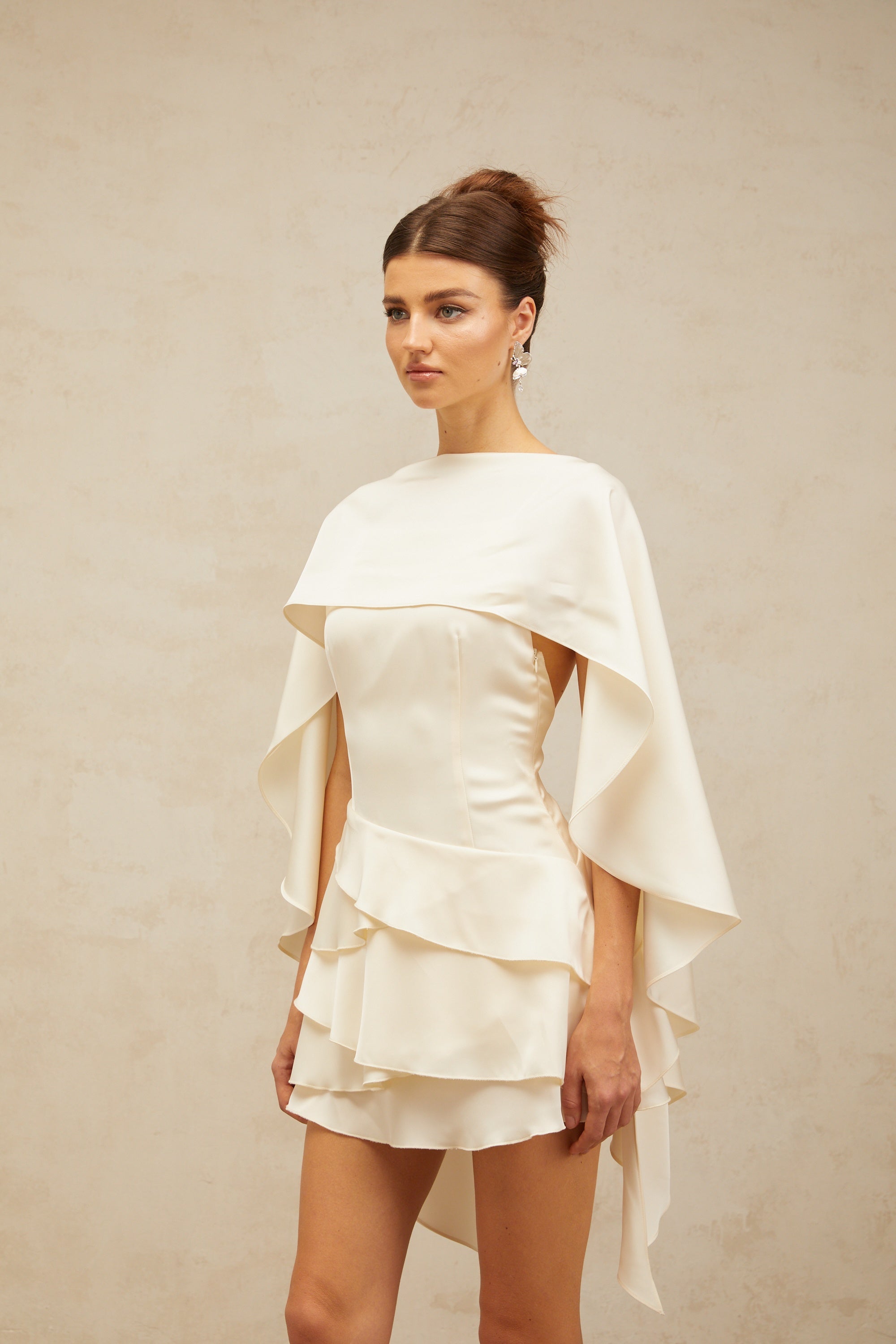 Lyna White Satin Ruffled Mini Dress Sleeveless Shawl Panel Detail