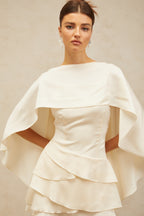 Lyna White Satin Ruffled Mini Dress Sleeveless Shawl Panel Detail