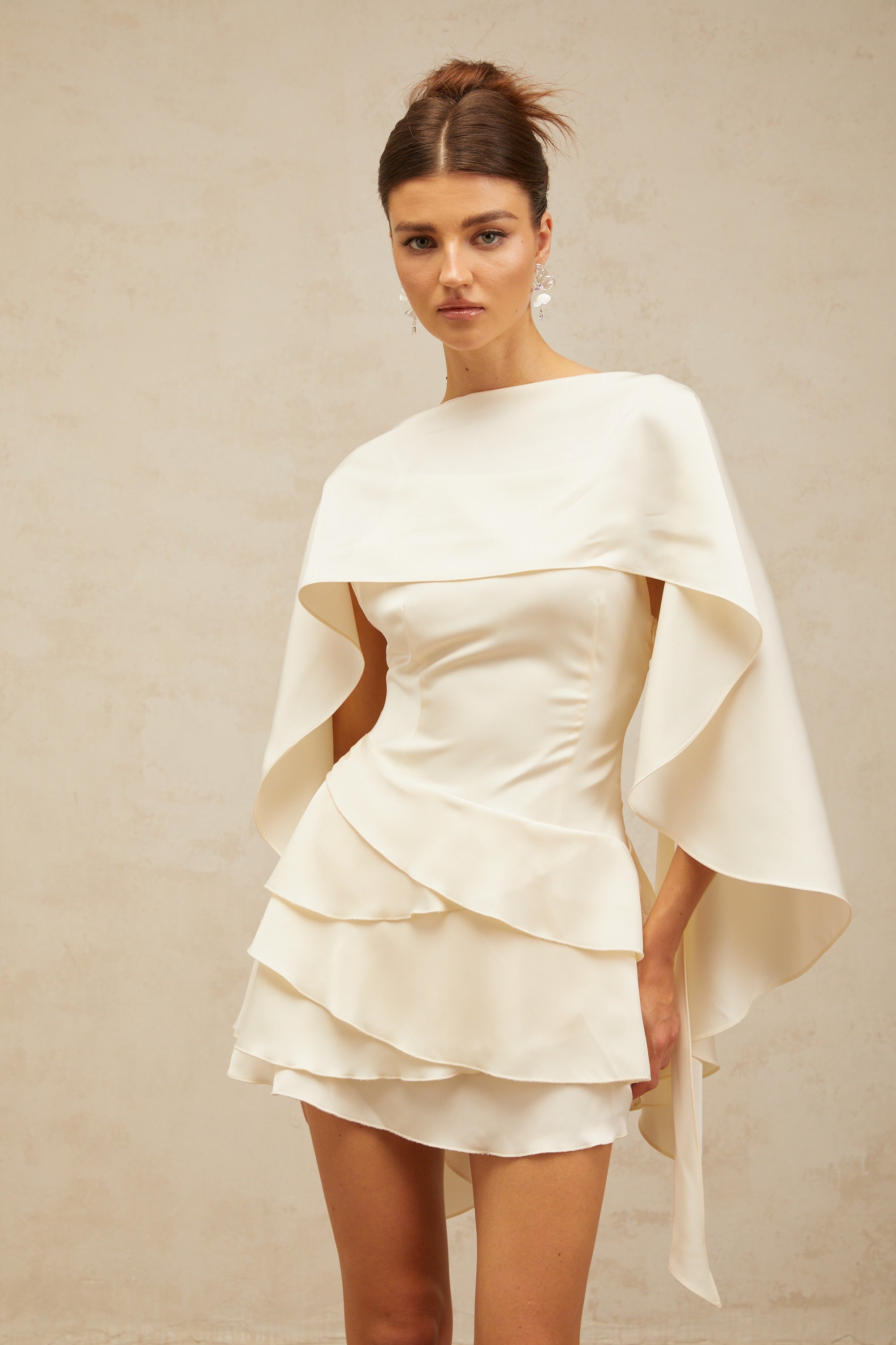 Lyna White Satin Ruffled Mini Dress Sleeveless Shawl Panel Detail