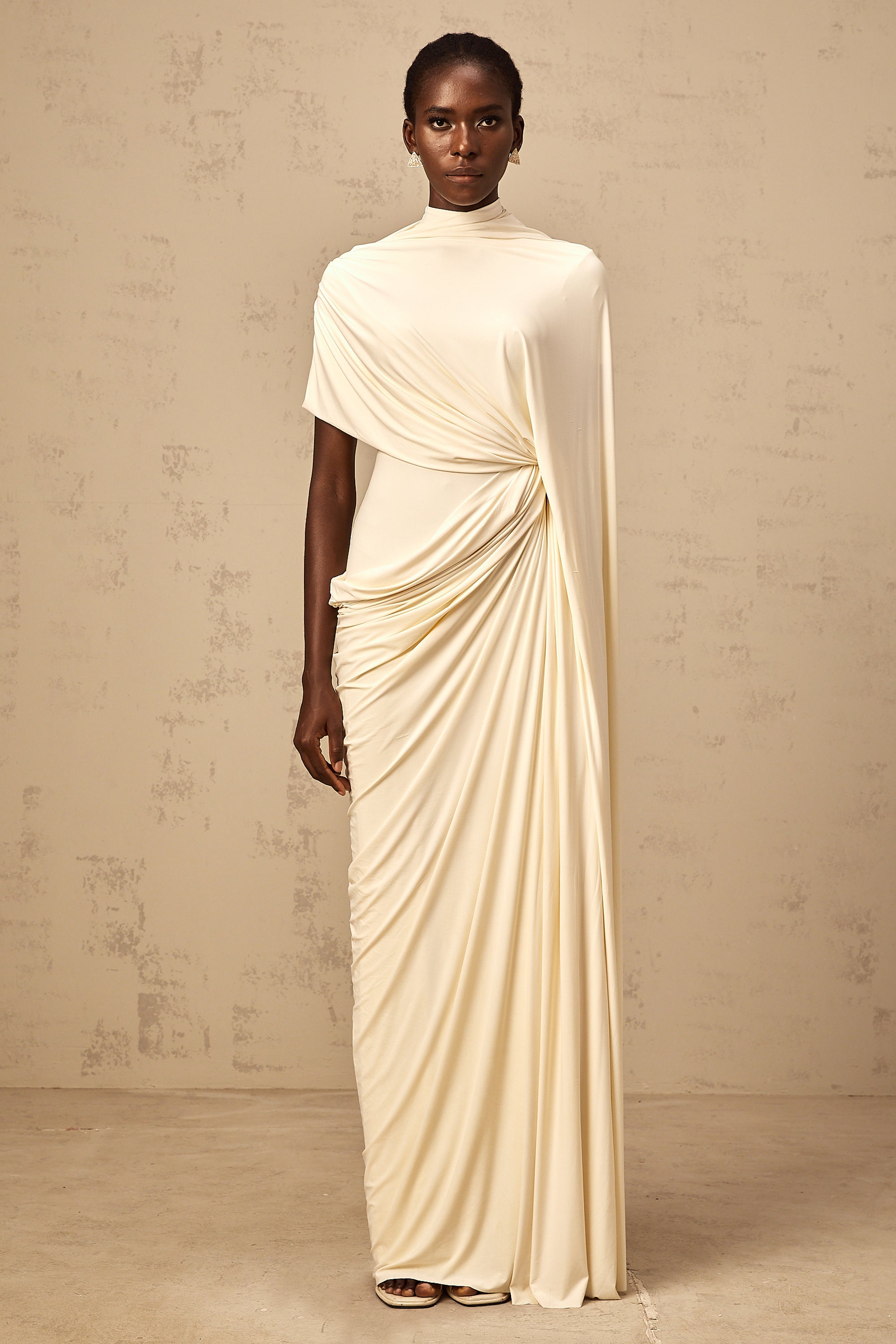 Fenella Asymmetrical Draped Cape & Dress Matching Set Sleeveless Maxi Yellow
