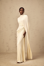 Fenella Asymmetrical Draped Cape & Dress Matching Set Sleeveless Maxi Yellow