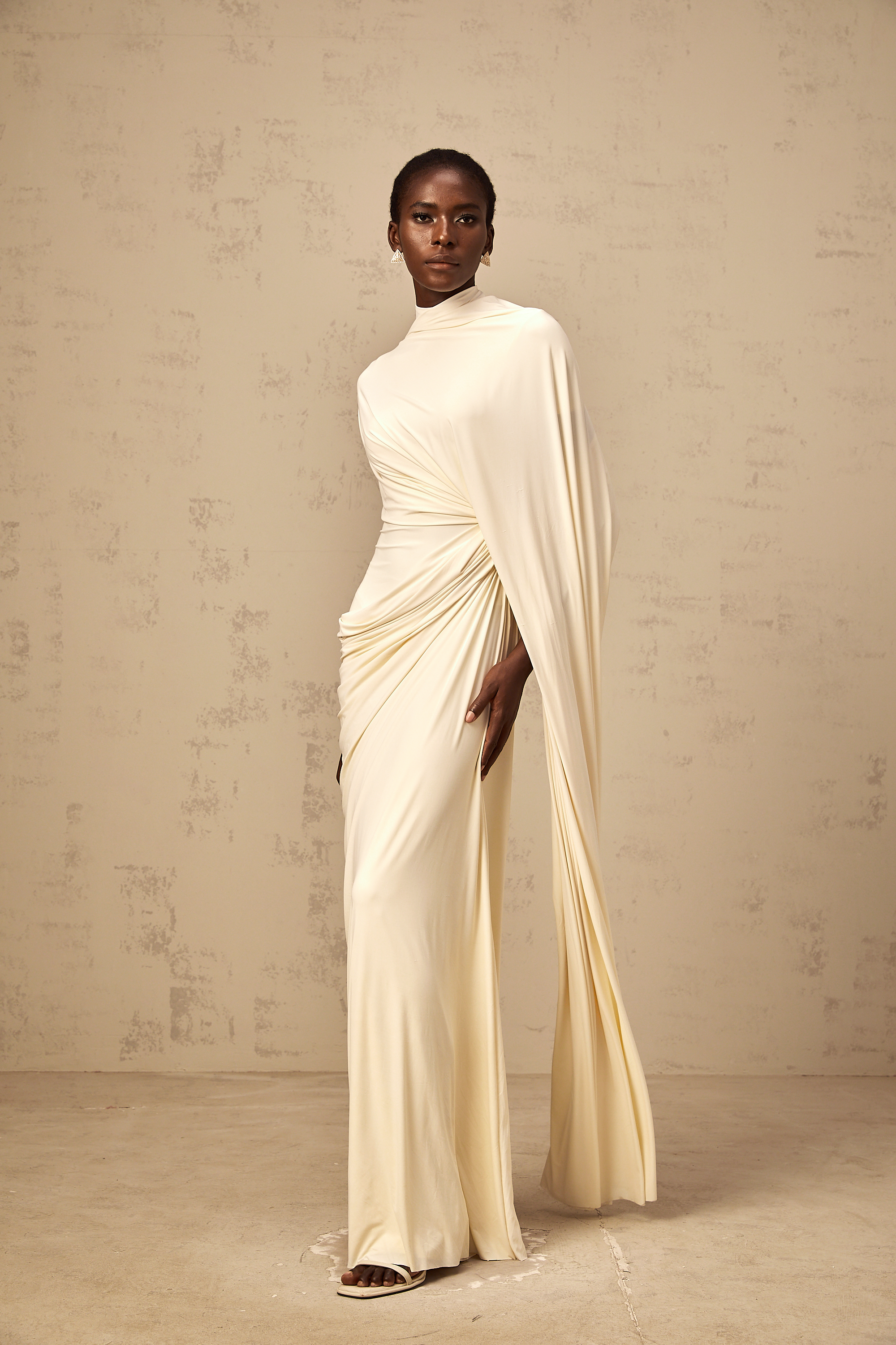 Fenella Asymmetrical Draped Cape & Dress Matching Set Sleeveless Maxi Yellow