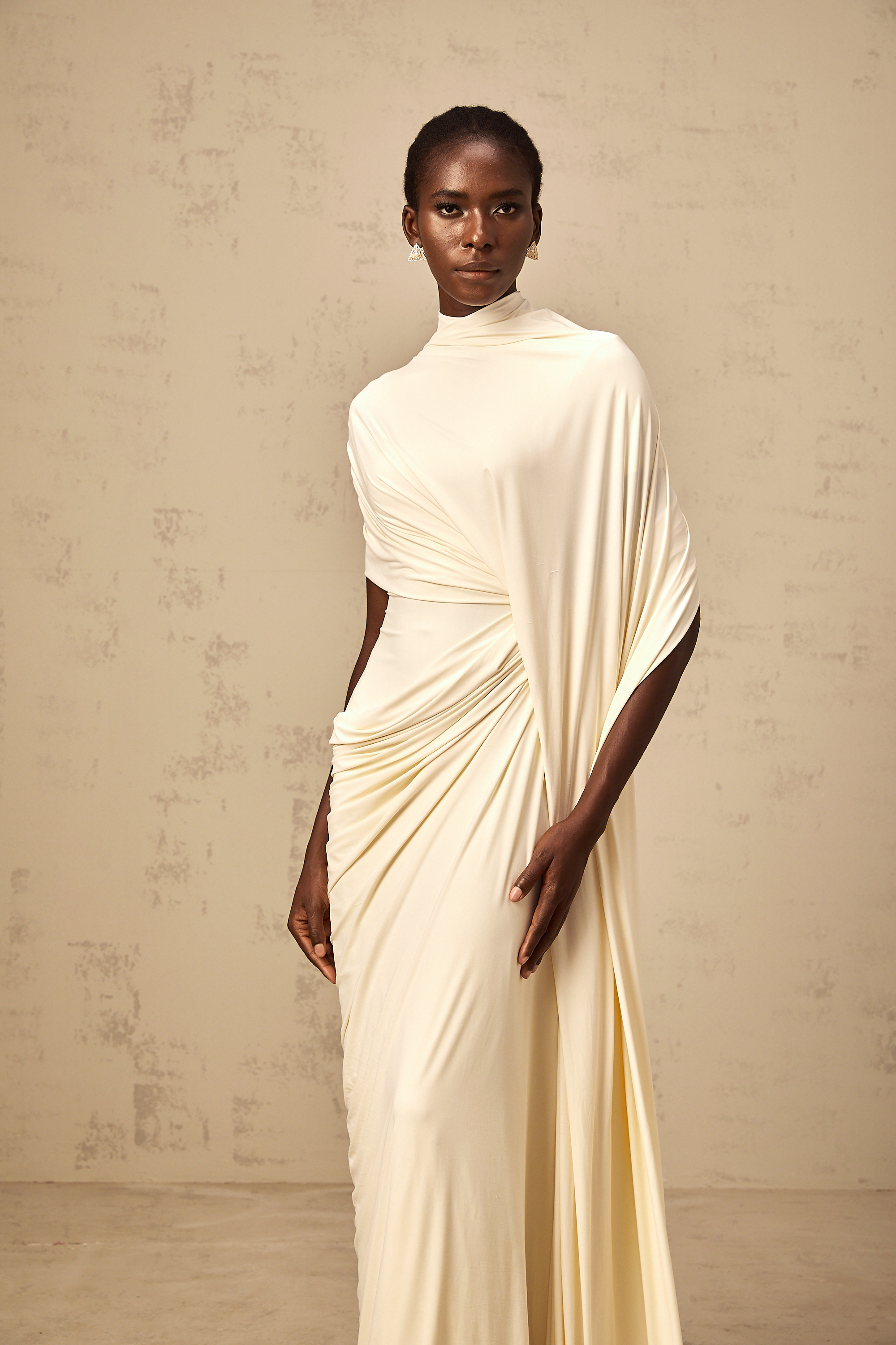 Fenella Asymmetrical Draped Cape & Dress Matching Set Sleeveless Maxi Yellow
