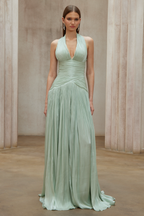 Uranie Gathered Maxi Dress Halterneck Rear Lace-Up Detail Mint Green