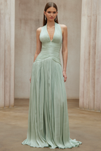 Uranie Gathered Maxi Dress Halterneck Rear Lace-Up Detail Mint Green