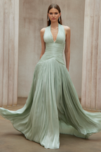Uranie Gathered Maxi Dress Halterneck Rear Lace-Up Detail Mint Green