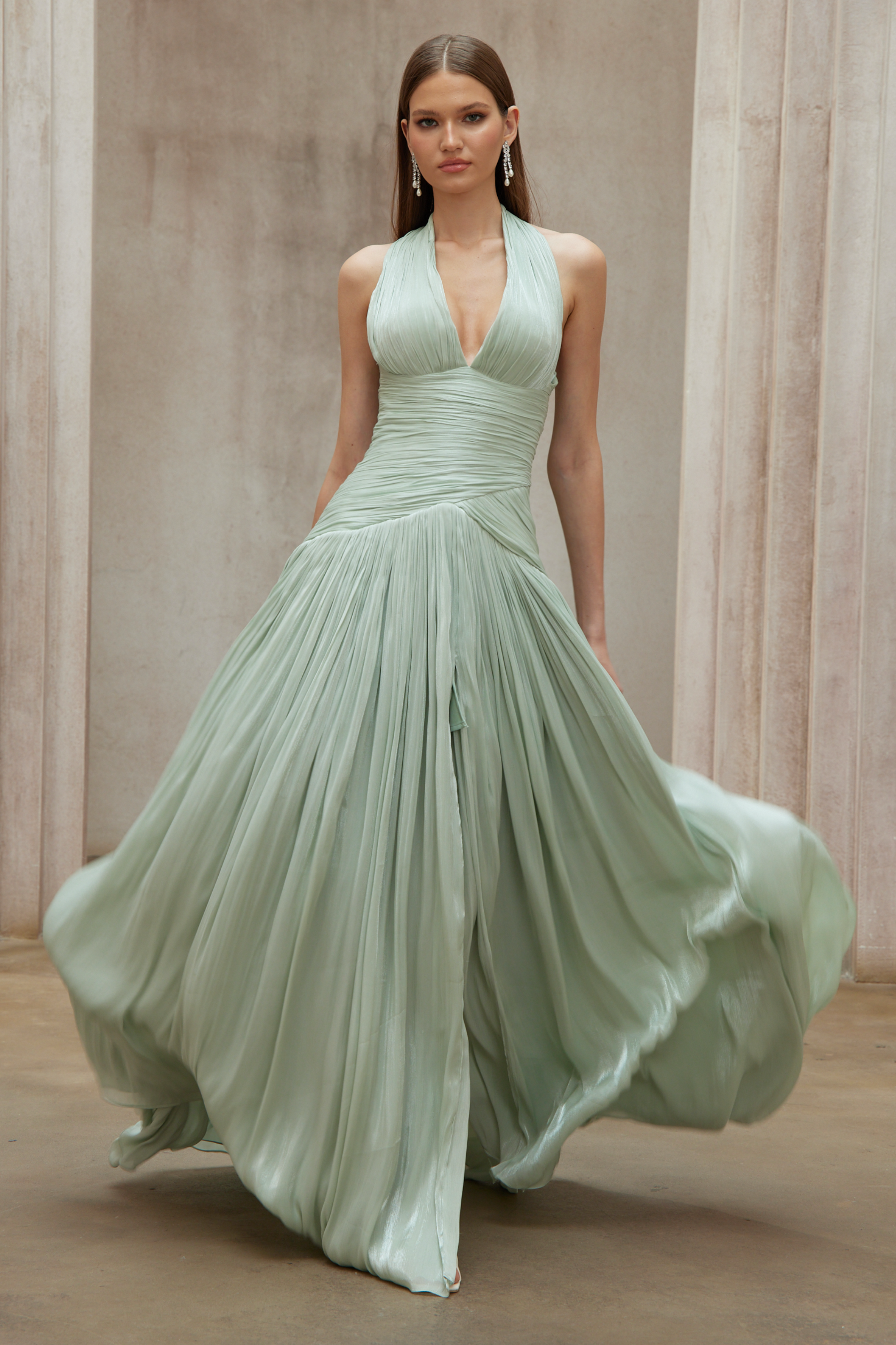 Uranie Gathered Maxi Dress Halterneck Rear Lace-Up Detail Mint Green