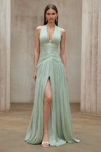 Uranie Gathered Maxi Dress Halterneck Rear Lace-Up Detail Mint Green