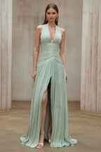 Uranie Gathered Maxi Dress Halterneck Rear Lace-Up Detail Mint Green