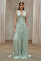 Uranie Gathered Maxi Dress Halterneck Rear Lace-Up Detail Mint Green
