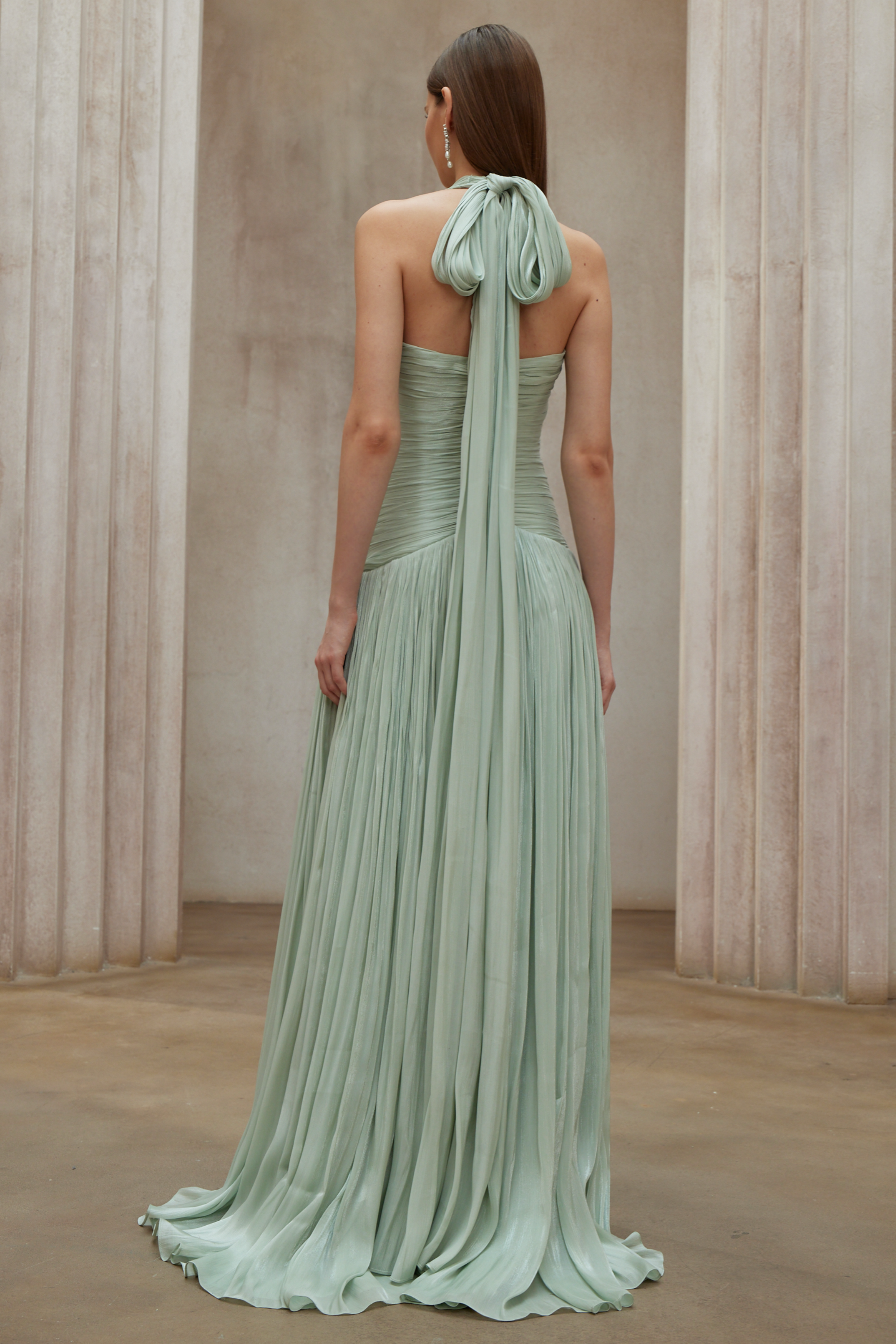 Uranie Gathered Maxi Dress Halterneck Rear Lace-Up Detail Mint Green