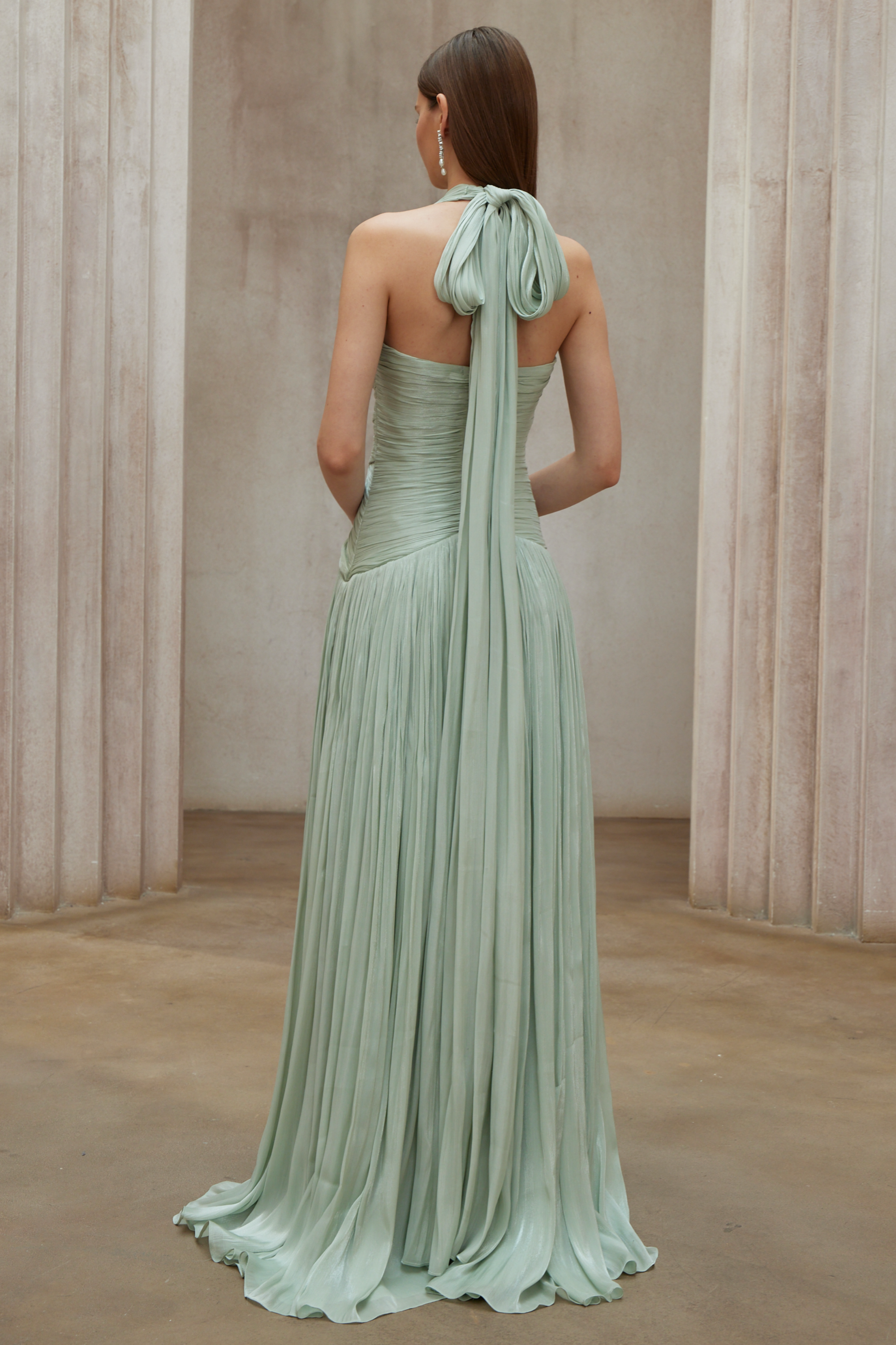 Uranie Gathered Maxi Dress Halterneck Rear Lace-Up Detail Mint Green