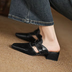 Women's Leather Mules Square Toe Block Heel Slip-On