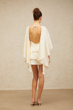 Lyna White Satin Ruffled Mini Dress Sleeveless Shawl Panel Detail