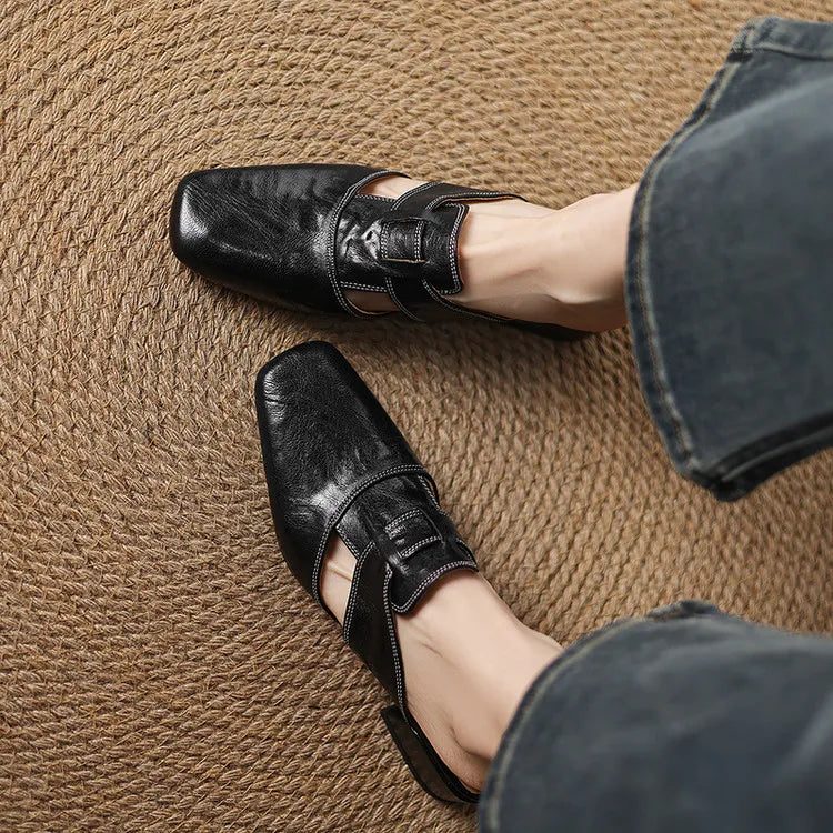 Women's Leather Mules Square Toe Block Heel Slip-On
