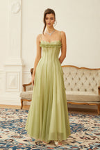 Matcha Ruffled Shirred Tulle Maxi Dress Sleeveless Smocked Panel Detail Green