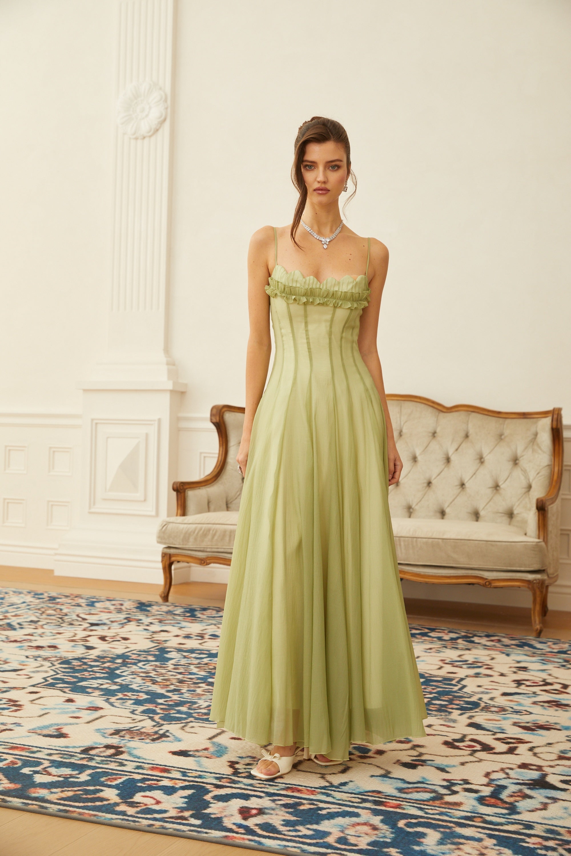 Matcha Ruffled Shirred Tulle Maxi Dress Sleeveless Smocked Panel Detail Green