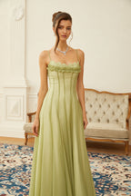 Matcha Ruffled Shirred Tulle Maxi Dress Sleeveless Smocked Panel Detail Green