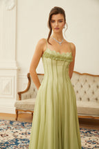 Matcha Ruffled Shirred Tulle Maxi Dress Sleeveless Smocked Panel Detail Green