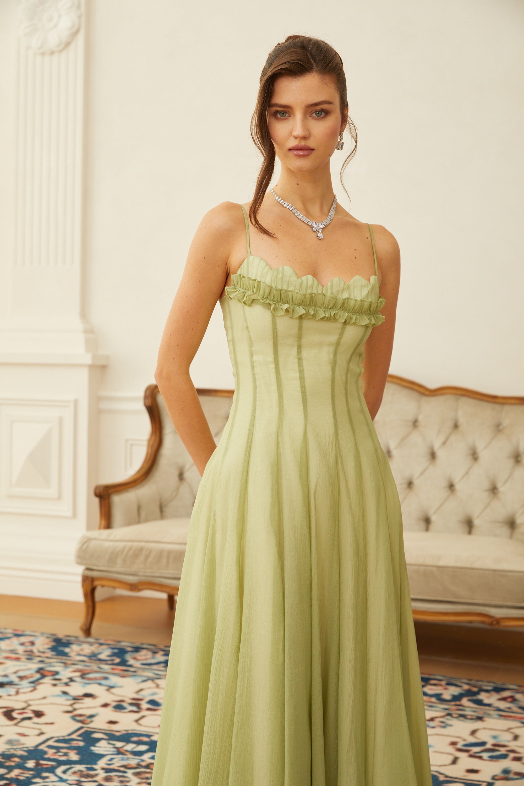 Matcha Ruffled Shirred Tulle Maxi Dress Sleeveless Smocked Panel Detail Green