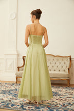 Matcha Ruffled Shirred Tulle Maxi Dress Sleeveless Smocked Panel Detail Green