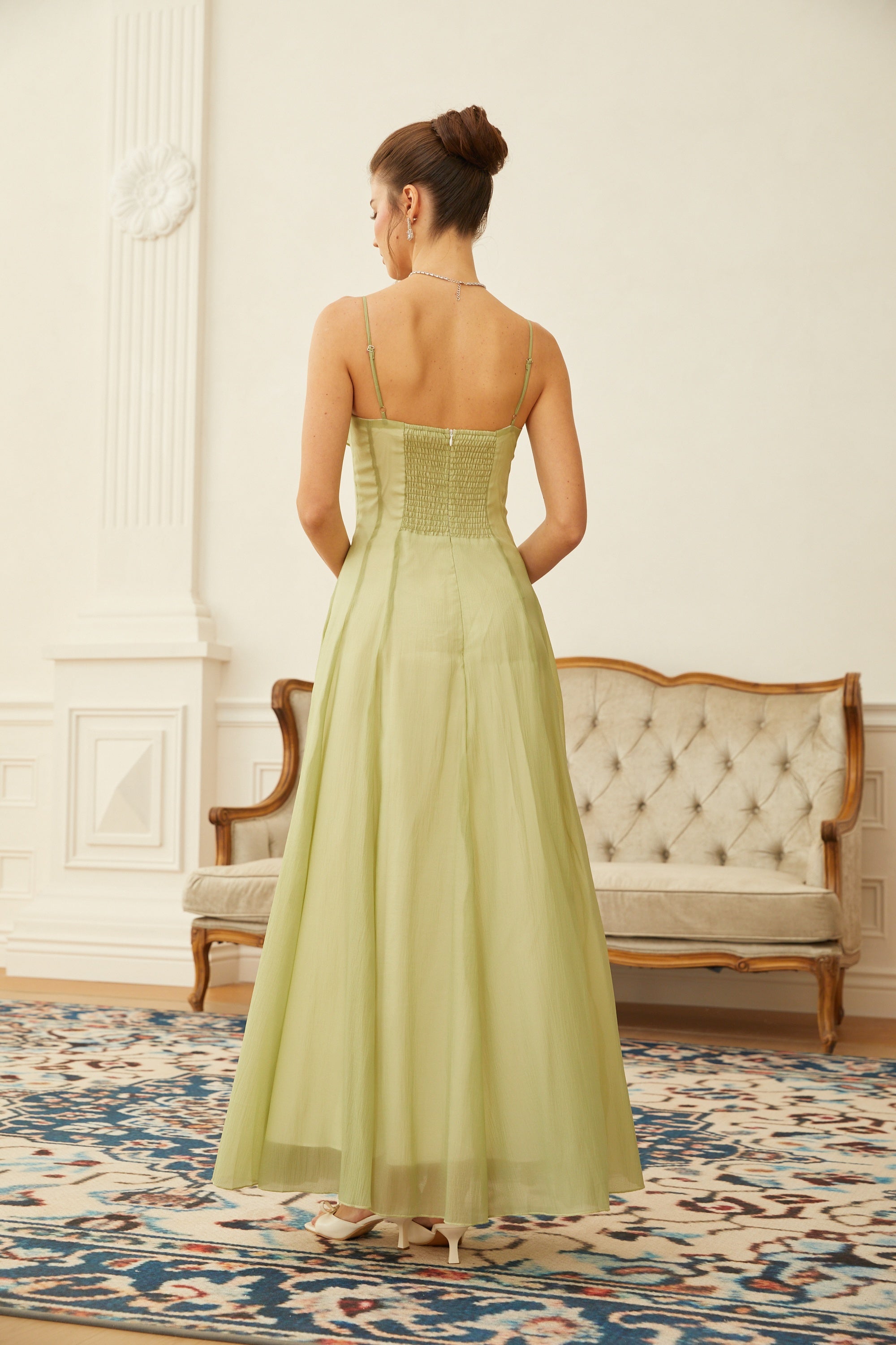 Matcha Ruffled Shirred Tulle Maxi Dress Sleeveless Smocked Panel Detail Green